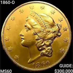1860-O $20 Liberty gold double eagle, uncirculated, obverse